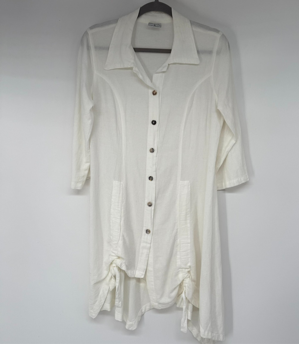 C.M.C Shirt Tunic Dress Womens Small White Tie Front Mother of Pearl Button USA